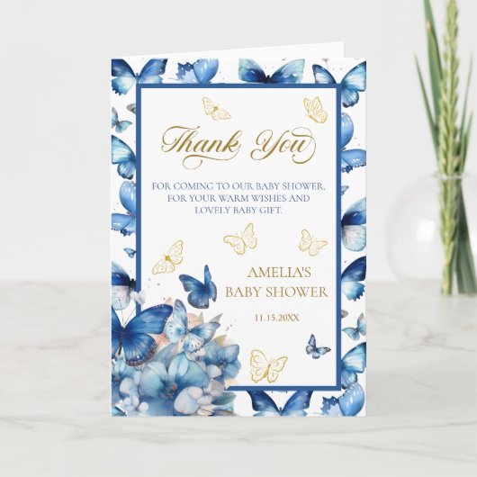 Elegante Gevouwen Blauwe Vlinder Baby in Bloei Bedankkaart (Voorkant)