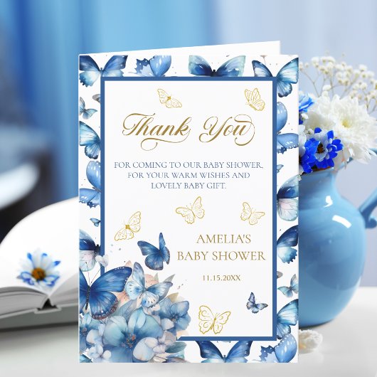 Elegante Gevouwen Blauwe Vlinder Baby in Bloei Bedankkaart