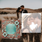 Elegante Geweven Lijst Koper Turquoise bruiloft In Feestdagenkaart