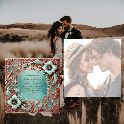 Elegante Geweven Lijst Koper Turquoise bruiloft In Feestdagenkaart