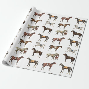Elegante  gezadelde paarden bruin wit cadeaupapier