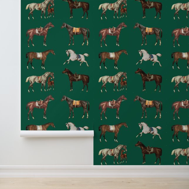 Elegante  gezadelde paarden Hunter Green Behang (Applicatie)