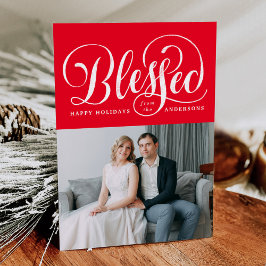 Elegante Gezegende Handgeschreven Script Rode Foto Feestdagenkaart