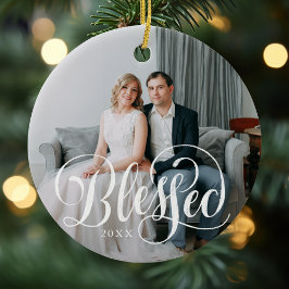Elegante gezegende scriptfoto keramisch ornament