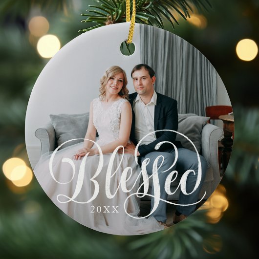 Elegante gezegende scriptfoto keramisch ornament