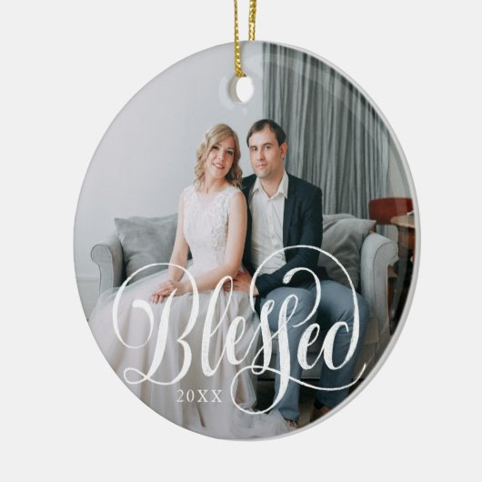 Elegante gezegende scriptfoto keramisch ornament (Links)