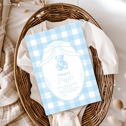 Elegante Gingham Franse Teddbeer Luier Raffle Informatiekaartje