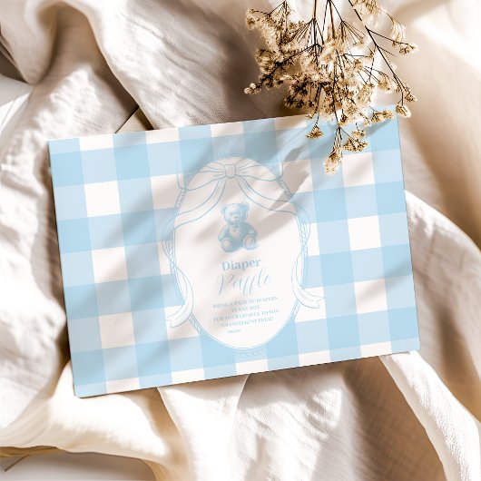 Elegante Gingham Franse Teddibeer Luierspel Informatiekaartje