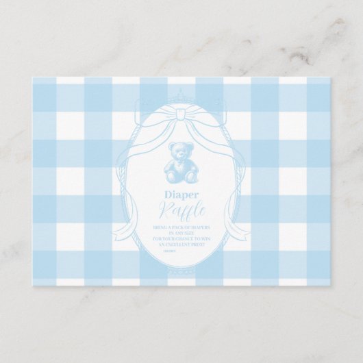Elegante Gingham Franse Teddy Bear Diapper Raffle Informatiekaartje (Voorkant)