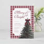 Elegante Gingham Rode Strik Kerst Dinnerfeest Kaart (Staand voorkant)
