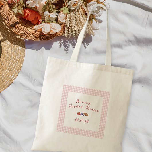 Elegante Gingham Zomer Brunch Bruidscadeau Roze Tote Bag