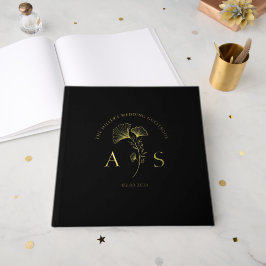 Elegante Ginkgo Bladeren Bloem Zwart Bruiloft Foli Gastenboek