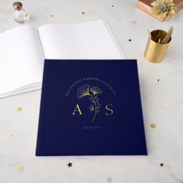 Elegante Ginkgo-bladeren Donker Marine Huwelijksfo Gastenboek