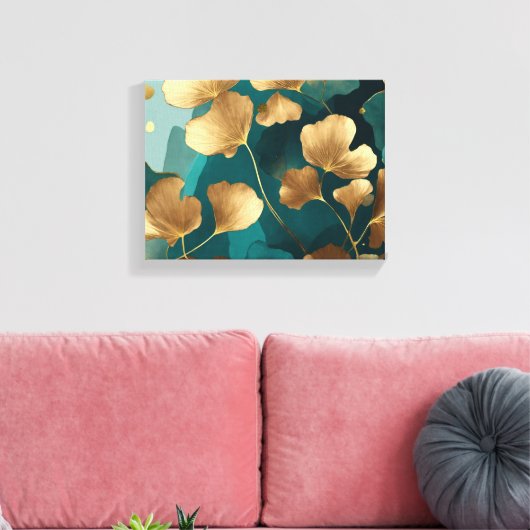 Elegante Ginkgo bladeren goud & blauwgroen Canvas Afdruk (Insitu (Woonkamer))