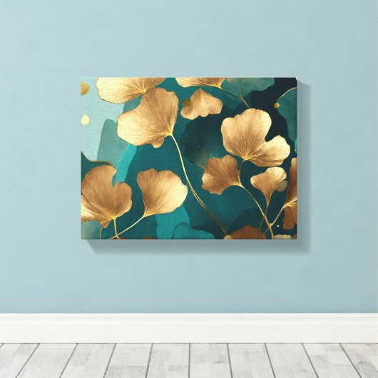Elegante Ginkgo bladeren goud & blauwgroen Canvas Afdruk (Insitu (Houten vloer))