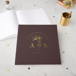 Elegante Ginkgo Bladeren Houtbruine Trouwfolie Gastenboek