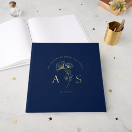 Elegante Ginkgo Bladeren Navy Blauwe Trouwfolie Gastenboek