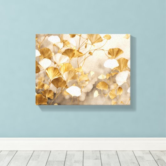 Elegante Ginkgo bladeren wit, beige, goud Canvas Afdruk (Insitu (Houten vloer))