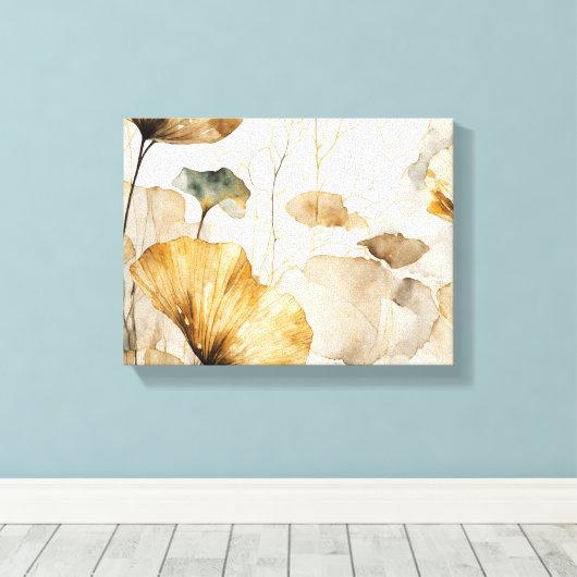 Elegante Ginkgo bladeren wit, beige, goud Canvas Afdruk (Insitu (Houten vloer))