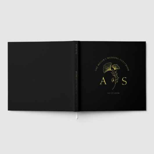Elegante ginkgo laat bloemige zwarte bruiloft Foli Gastenboek (Volledig)