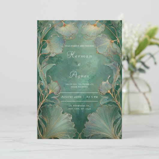 Elegante Ginkgo Leaf Art Nouveau bruiloft Kaart (Staand voorkant)