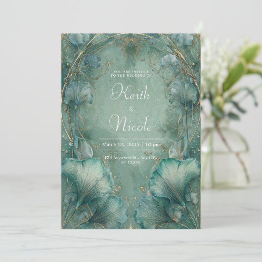 Elegante Ginkgo Leaf Blauwgroen & Gold Wedding Kaart (Staand voorkant)