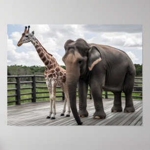 Elegante Giraffe en olifantenpaar op houten dek Poster