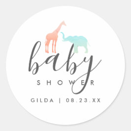 Elegante Giraffe Olifant Baby Shower Ronde Sticker