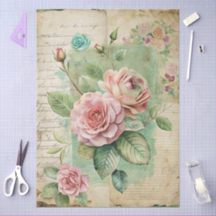 Elegante Girly Blauwgroen Cottagecore Roze Bloemen Tissuepapier