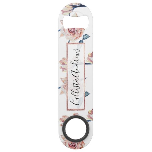 Elegante Girly Blush Roze Blauw Geschilderde Rozen Speed Flessenopener (Voorkant)