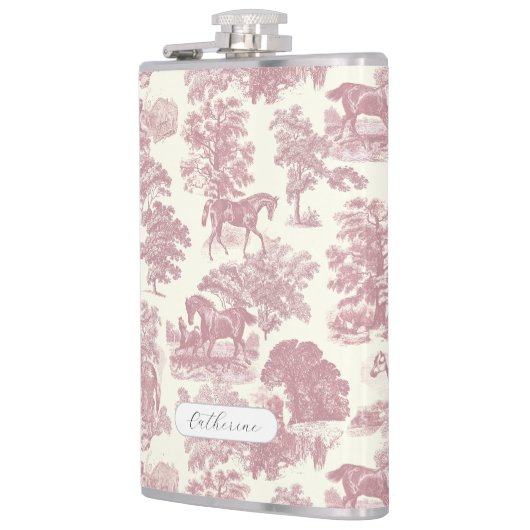 Elegante Girly Chic Roze Paard Toile Naam Heupfles (Links)