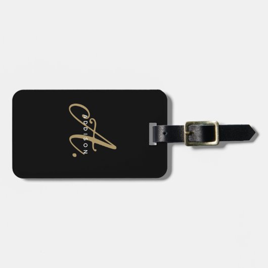 Elegante Girly Chic Zwart Goud Script Monogram Bagagelabel (Voorkant horizontaal)