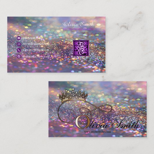Elegante Girly Crown Kleurrijke Glitter QR-code Visitekaartje (Voorkant / Achterkant)