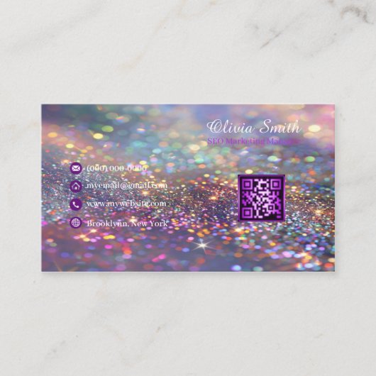 Elegante Girly Crown Kleurrijke Glitter QR-code Visitekaartje (Voorkant)