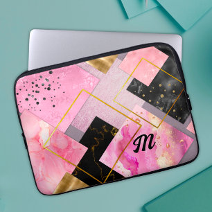 Elegante girly faux Glitter roze zwart geometrisch Laptop Sleeve