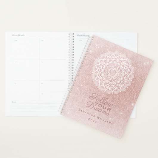 Elegante Girly gepersonaliseerde Roos Gold Glitter Planner (Display)