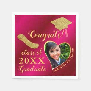 Elegante Girly Hot Pink Gold Foto 2025 Afstuderen Servet