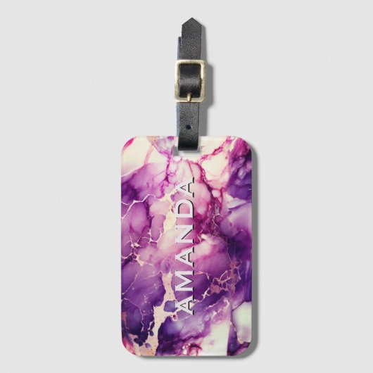 Elegante girly paarse marmeren faux glitter monogr bagagelabel (Voorkant (verticaal))