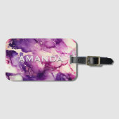 Elegante girly paarse marmeren faux glitter monogr bagagelabel (Voorkant (horizontaal))