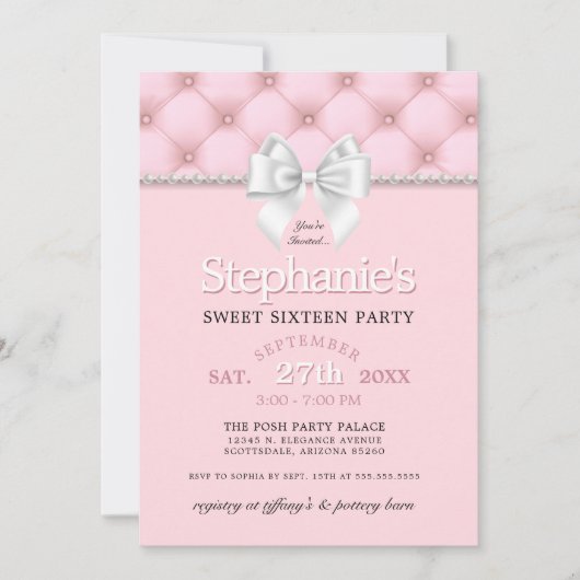 Elegante Girly Pink Pearls White Bow 16e verjaarda Kaart (Voorkant)