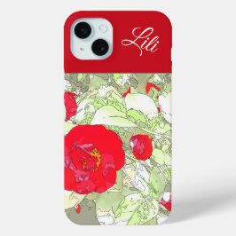 Elegante girly pioen rood bloemenmonogramable iPhone 15 mini hoesje