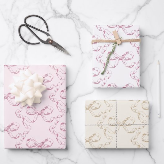 Elegante  Girly Preppy Bows Roze Toile Inpakpapier Vel (Voorkant)