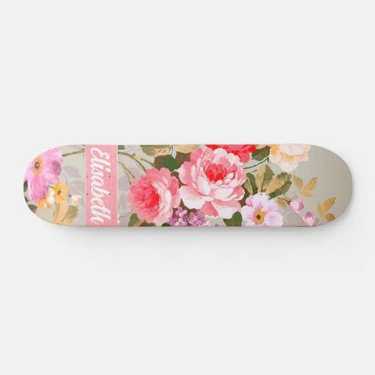 Elegante Girly Roze Rode Rozen Monogram Skateboard (Horizontaal)