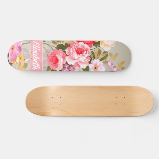 Elegante Girly Roze Rode Rozen Monogram Skateboard (Horizontaal)