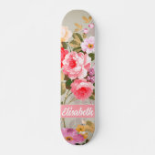 Elegante Girly Roze Rode Rozen Monogram Skateboard (Voorkant)
