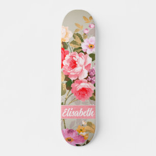 Elegante Girly Roze Rode Rozen Monogram Skateboard