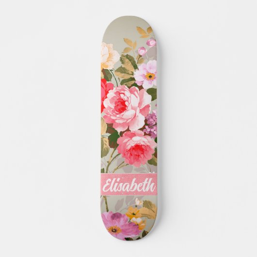Elegante Girly Roze Rode Rozen Monogram Skateboard (Voorkant)