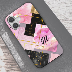 Elegante girly roze zwarte faux Glitter geometrisc iPhone 16 Hoesje