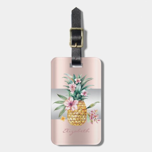 Elegante Girly Stripe, Bloemen Ananas Roos Goud Bagagelabel (Voorkant verticaal)
