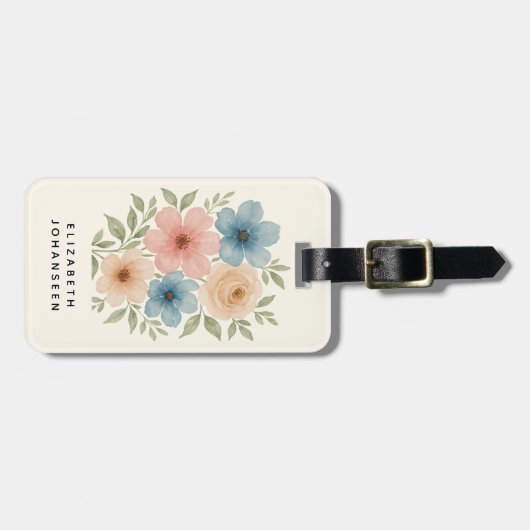 Elegante Girly Waterverf Blauw Beige & Roze Bloeme Bagagelabel (Voorkant horizontaal)